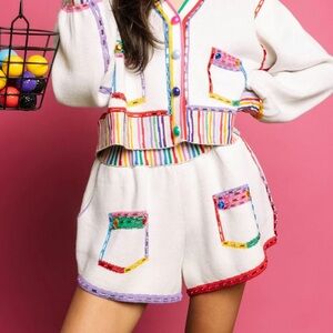QUEEN OF SPARKLES White & rainbow jewel trim shorts NWOT